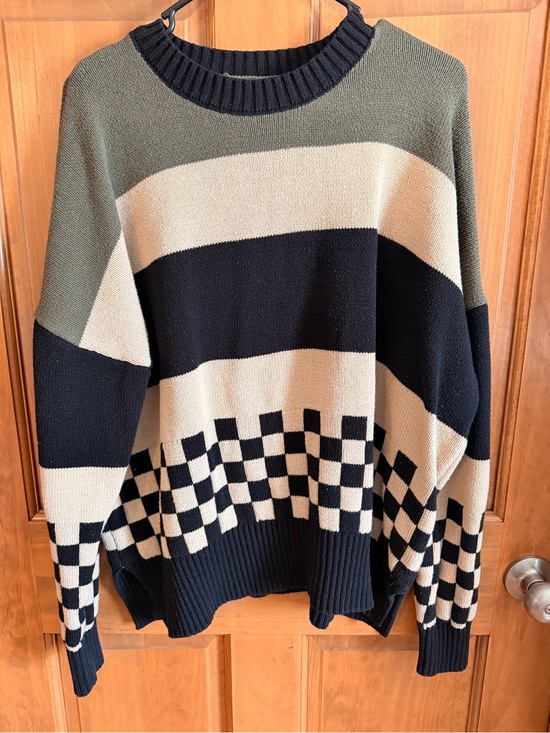 Sweaters - Checkerboard Stripe Knit Sweater in Olive, Black & Cream